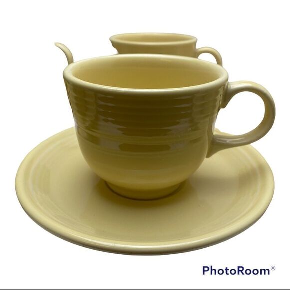 Homer Laughlin Fiesta Ware YELLOW Flat Tea Coffee Cup and Saucer Set Lot - Picture 3 of 11